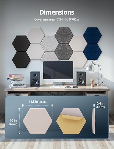 Miniatura 9 de Paneles de pared acústicos hexagonales autoadhesivos, paquete de 12 azulejos absorbentes de sonido para paredes y puertas, panel interior decorativo