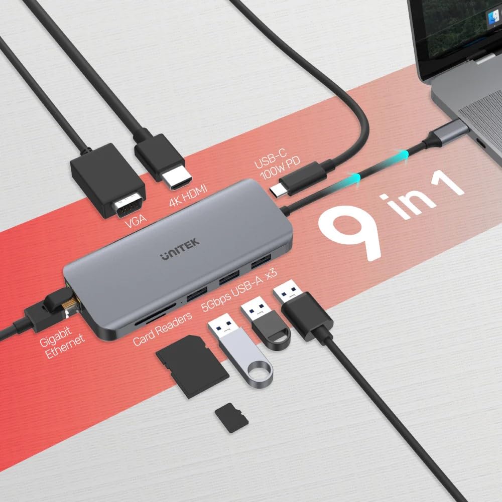 UNITEK Hub USB-C z 3 portami USB-A 3.1, 4K HDMI, FullHD VGA, Gigabit Ethernet RJ45 i czytnikiem kart SD i microSD, Power Delivery 100 W, Plug & Play/aluminium
