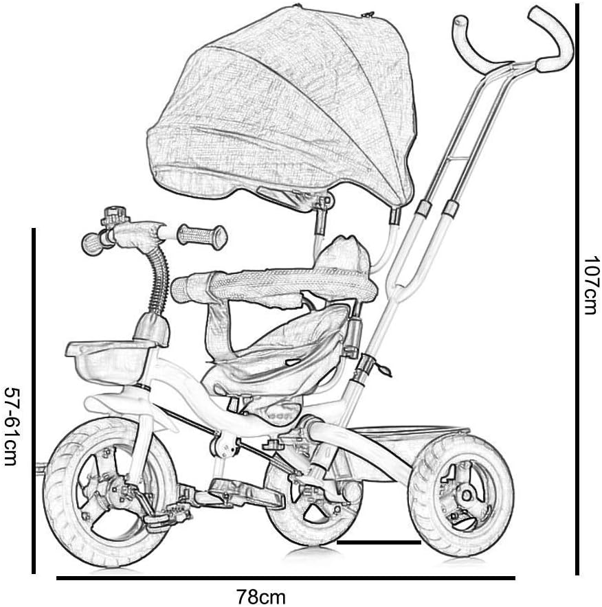Three-Wheeled Trike, Double Brake Multi-Function Children's Tricycle, Two-Way Rotating seat, Baby Outdoor Tricycle, Two Colors, 107x78x(57-61) cm