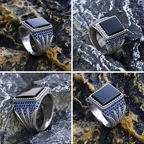 Image of 925 Sterling Silver Ring with Solid Polished Rectangle Black Onyx Ring,Black Square Stone Turkish Ottoman Signet Rings, Sterling Silver Stone, Agate
