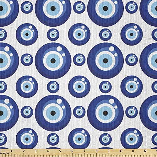 Image of Ambesonne Evil Eye Fabric by The Yard, Symmetrical Pattern All Seeing Eye Superstitious Turkish Ethnic, Microfiber Fabric for Arts and Crafts Textiles & Decor, 1 Yard, White Blue