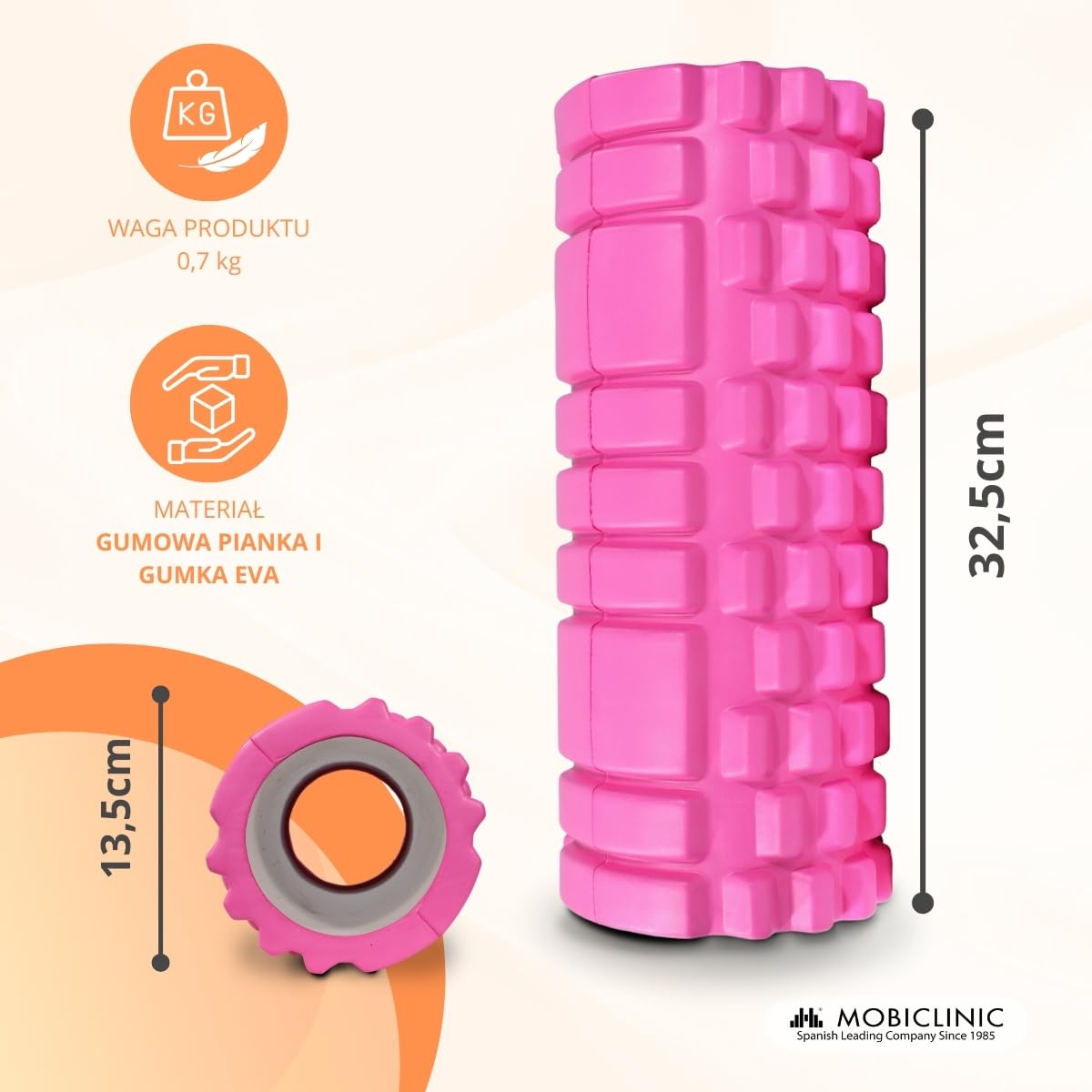 Mobiclinic® fitness, Wałek do masażu, Fitroller, Z pianki i eva, 14x33 cm, Pilates, Joga, Rozciąganie, Przenośny, Wielofunkcyjne użycie, Dla całego ciał, 3 poziomy