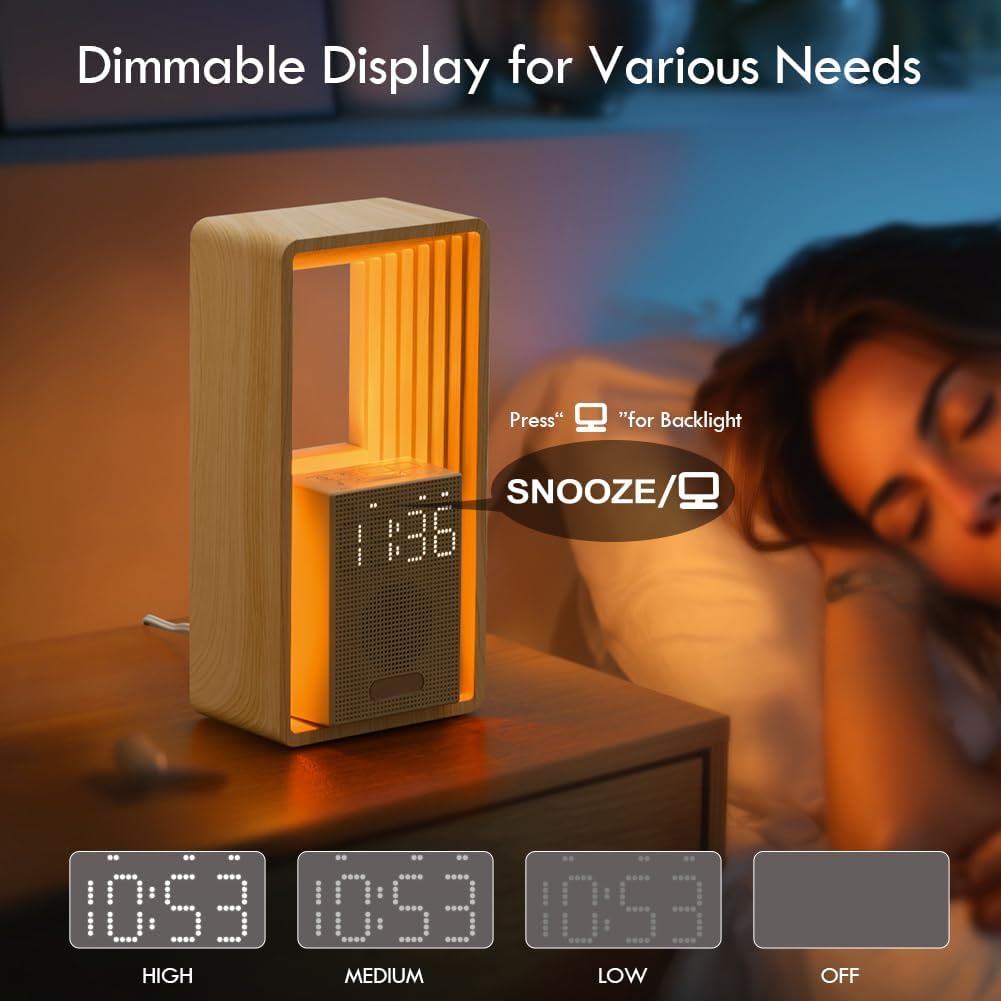 WILIT Digital Alarm Clock, Sunrise Alarm Clock with Nightlight, 9 Sleep Aid Sounds, White Noise Sounds Machine, Dimmable Display,USB Charging Port,Wood Grain Imitation,Gift for Women,Men,Travel