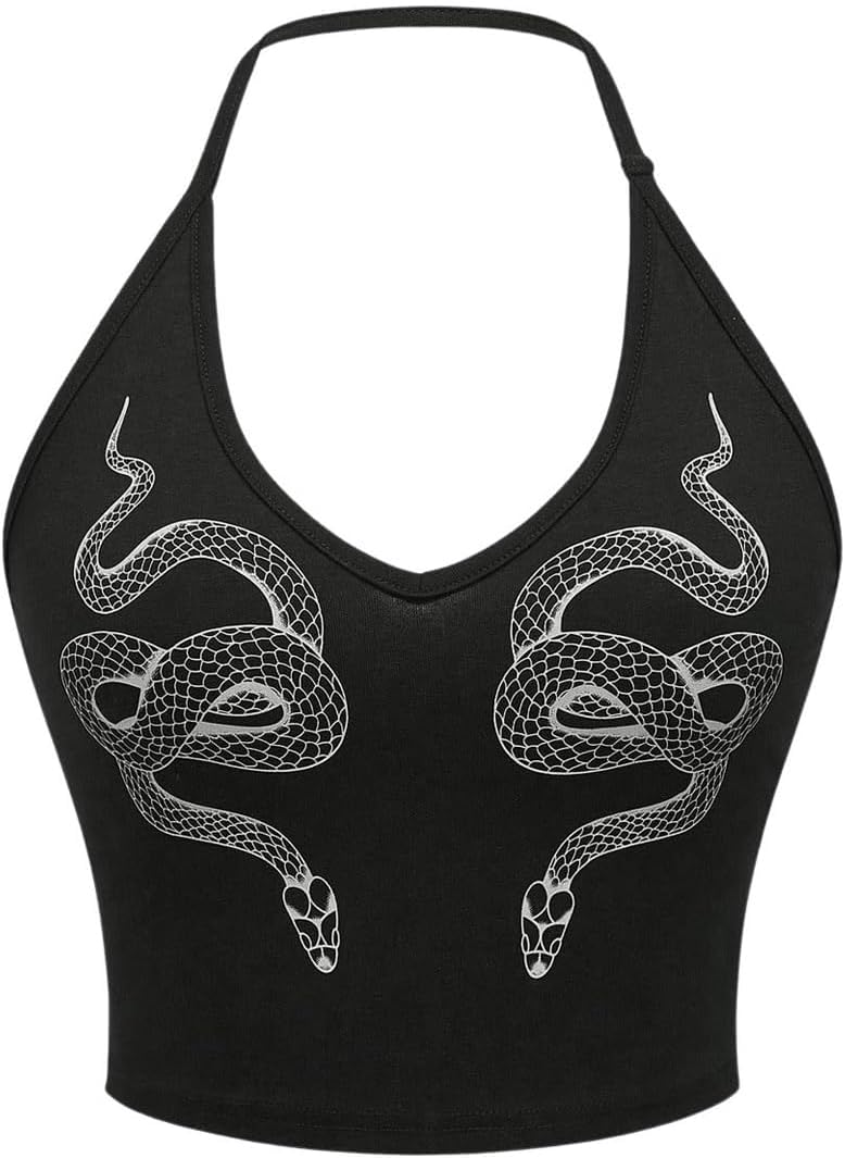 SHENHE Women's Y2k Halter Neck Snake Print Top Sleeveless Fitted Gothic Crop Cami Top