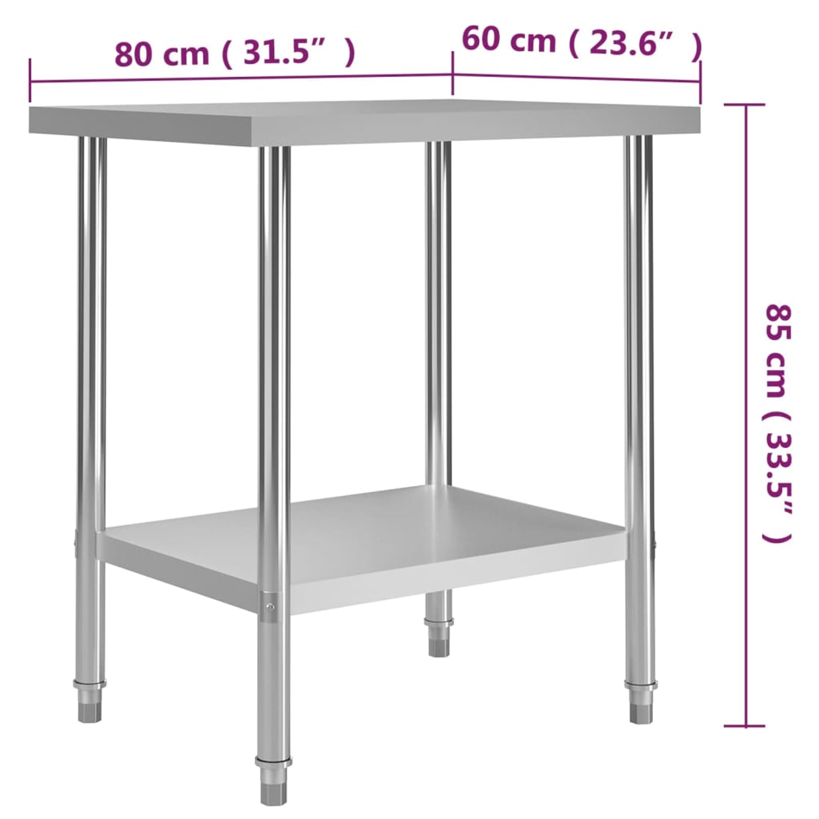 Mesa de Trabajo de Acero Inoxidable con Estante Inferior y Patas Antideslizantes - 80x60x85 cm