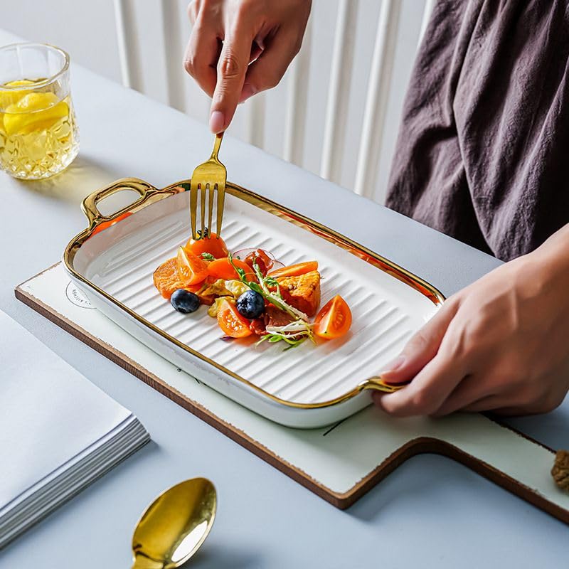 Beyond Homes Ceramic Serving Platter with Handles, 12 Inch | Rectangular Ceramic Snack Tray with Gold Rim | Microwave & Dishwasher Safe Platter for Starters, Appetizers & Dining Table (White Gold)-image-18