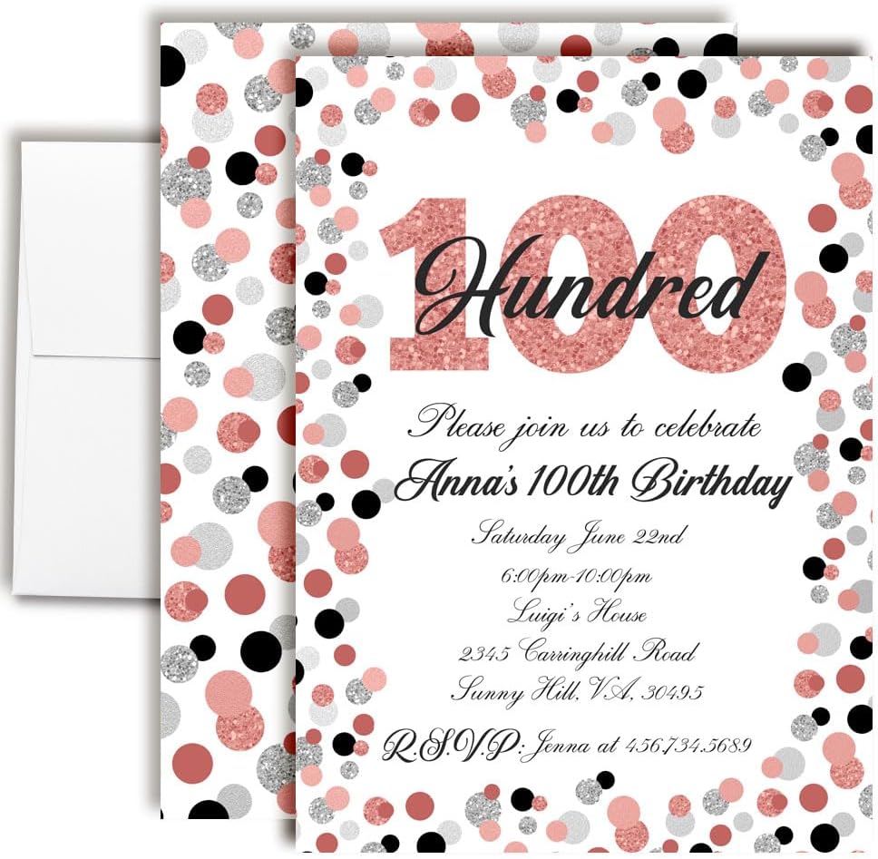 Custom Birthday Invitations 100th Birthday Invitation 20 5x7 Custom 100th Party Invitation Card With Envelopes - Unique Party Invites Rose Gold Polka Dot Theme