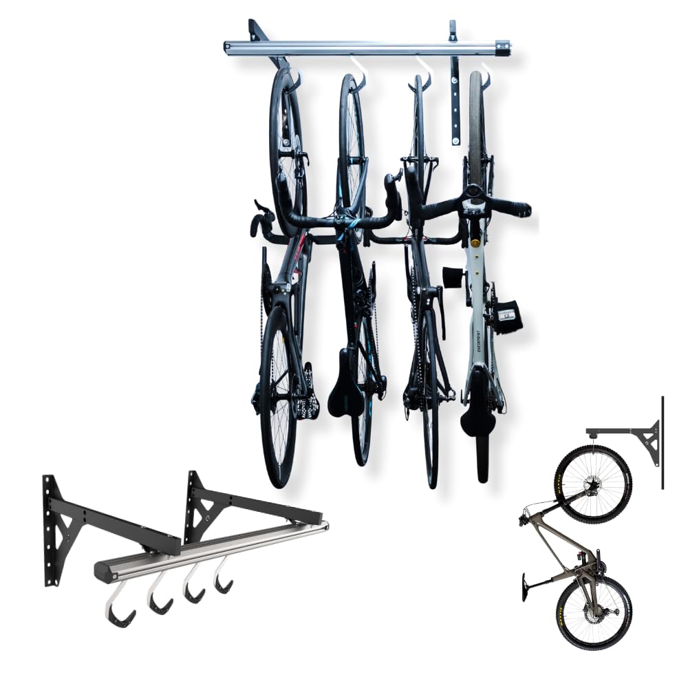 Spacerail Système de rangement mural coulissant pour vélos - Support mural pour 4 vélos - Crochets rotatifs à 360 degrés avec verrouillage automatique - Système de rangement peu encombrant -