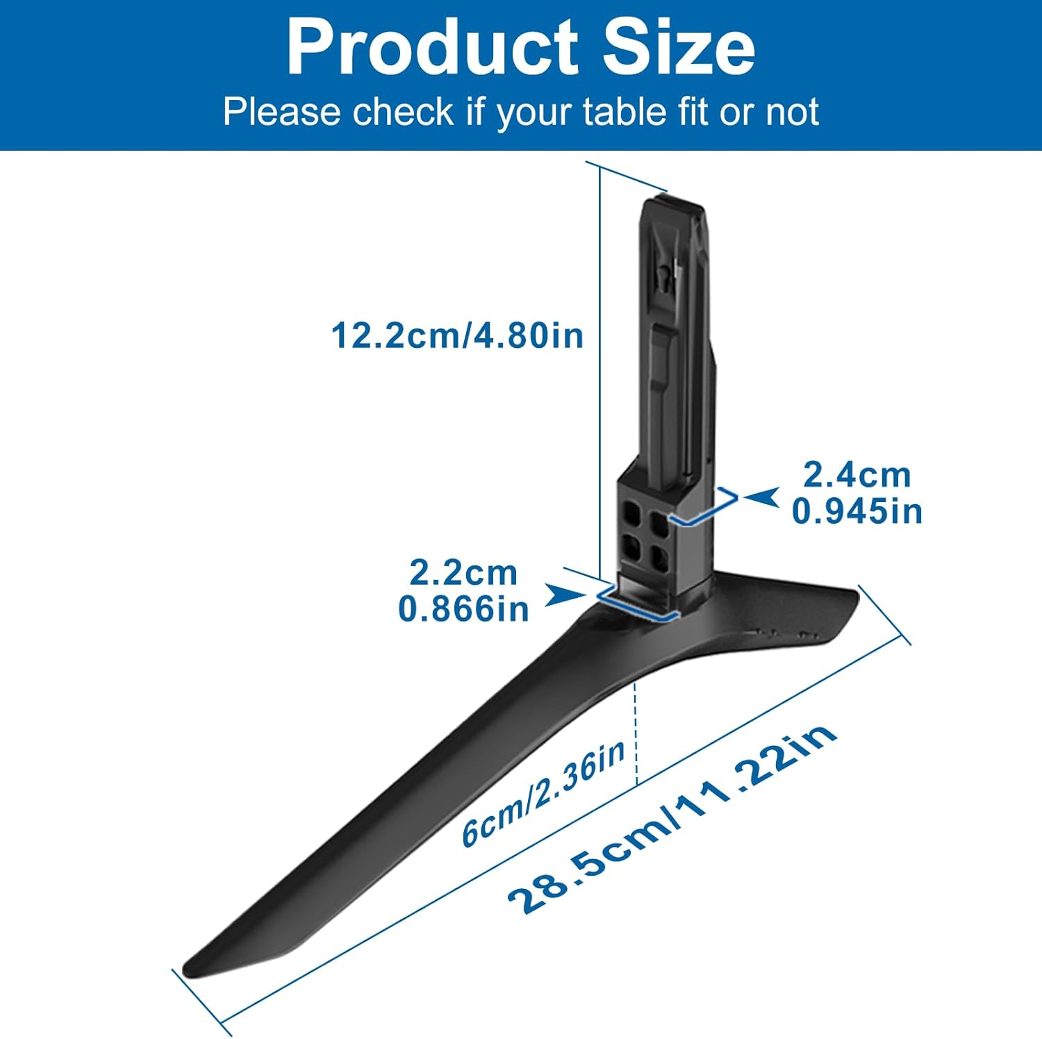 Image showing a single TV stand leg with all its dimensions labeled in centimeters and inches.