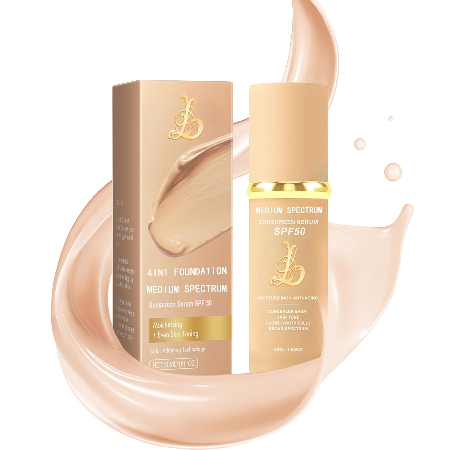 Biology 4-in-1 Foundation Hydrating Medium Spectrum Full Coverage Lotion Foundation, Protecting from Sun with SPF 50+, 4 1 Concealer Waterproof Longwear (Medium, M)