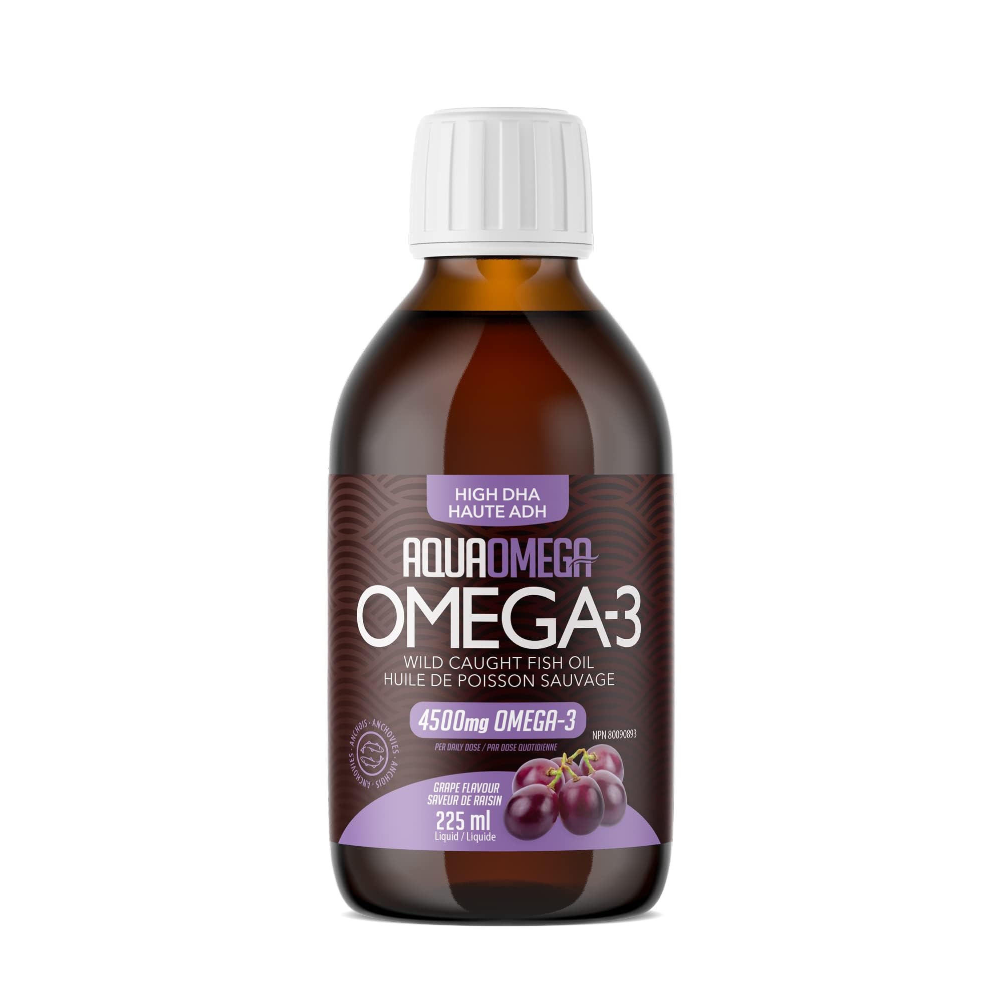 AQUA OMEGA Suplemento de Ômega-3 Líquido com DHA, EPA e vitamina D3, 4.500 mg, 225 mL