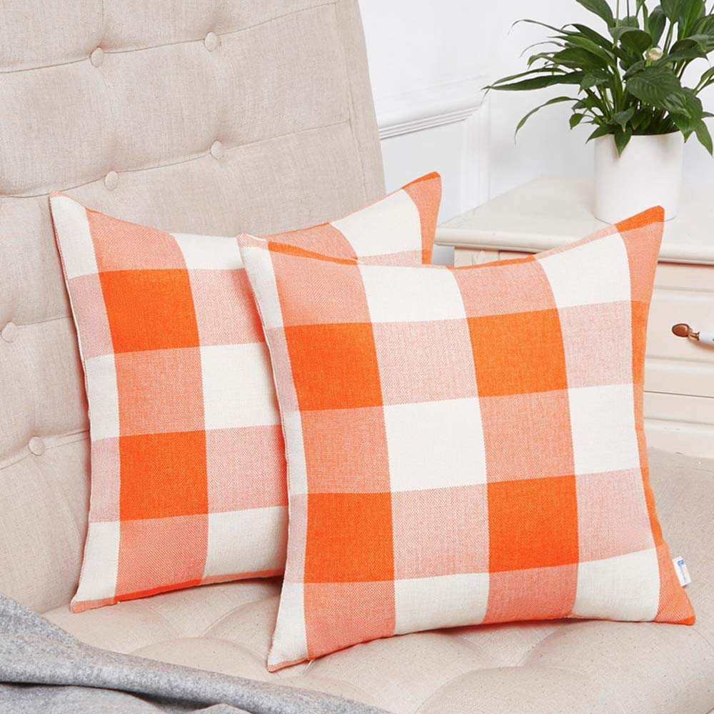 Anickal Set of 2 Orange and White Buffalo Check Plaid Pillow Covers Farmhouse Rustic Decorative Square Throw Pillow Covers Cushion Case 22x22 Inch for Home Sofa Couch Decor