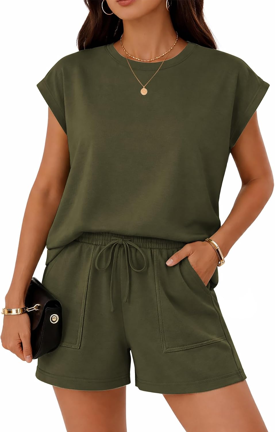 ATHMILE Womens Two Piece Crew Neck Short Sets Cap Sleeve Drawstring Spring Summer Sweatsuit with Pocket Beach Vacation