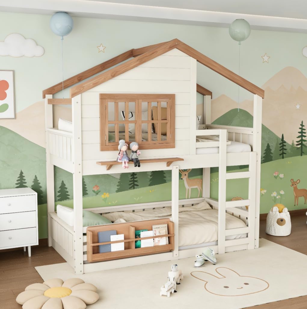 Bellemave Bunk Bed Twin Over Twin with Ladder, House Bunk Beds with Bookshelf and Window for Kids, Teens, Beige & Natural