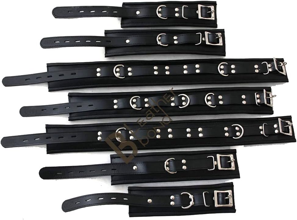 Real Cow Leather Wrist & Ankle Cuffs and Upper Knee Cuffs with Neck Collar Set Black 7 Piece Padded Cuffs Lockable