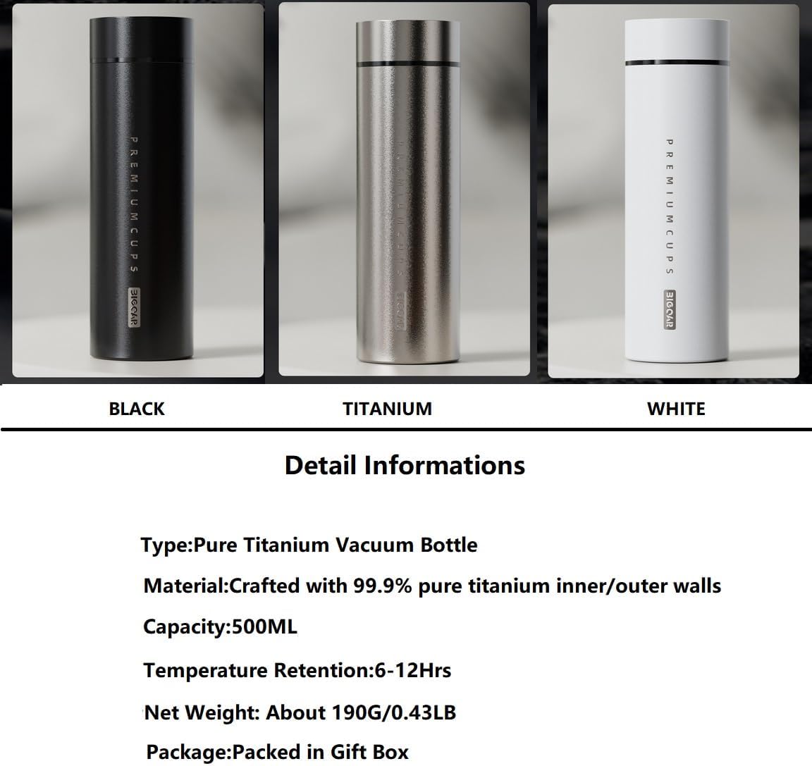Pure Titanium Water Bottle with Tea Filter, Double Wall Vacuum Insulated 17oz Titanium Cup for Hot/Cold Tea,Coffee & Drinks,Portable Travel Mug with Gift Box (White)