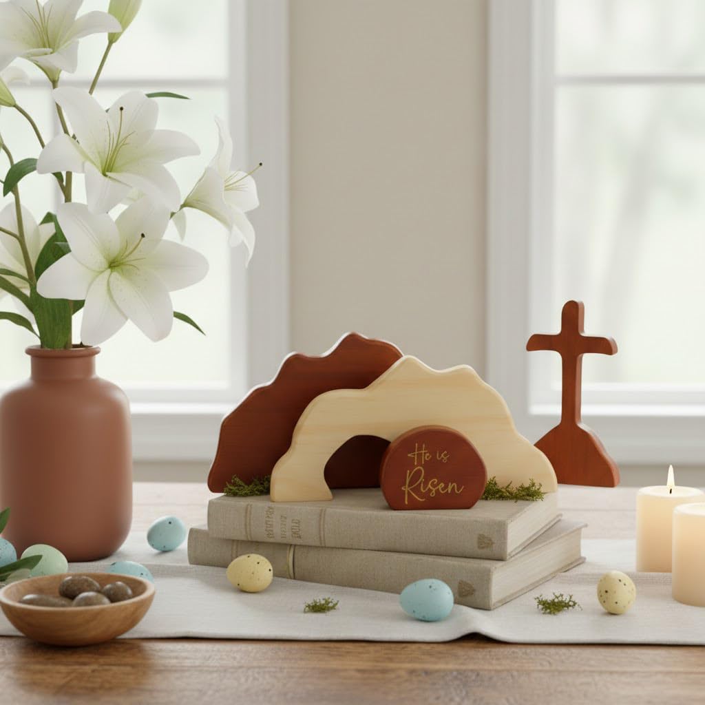 He is Risen Solid Natural Wood Easter Decor – Christian Resurrection Scene with Empty Tomb & Cross, Religious Easter Decorations for The Home, Church, Office, He is Risen Table Decor Gifts - Image 2