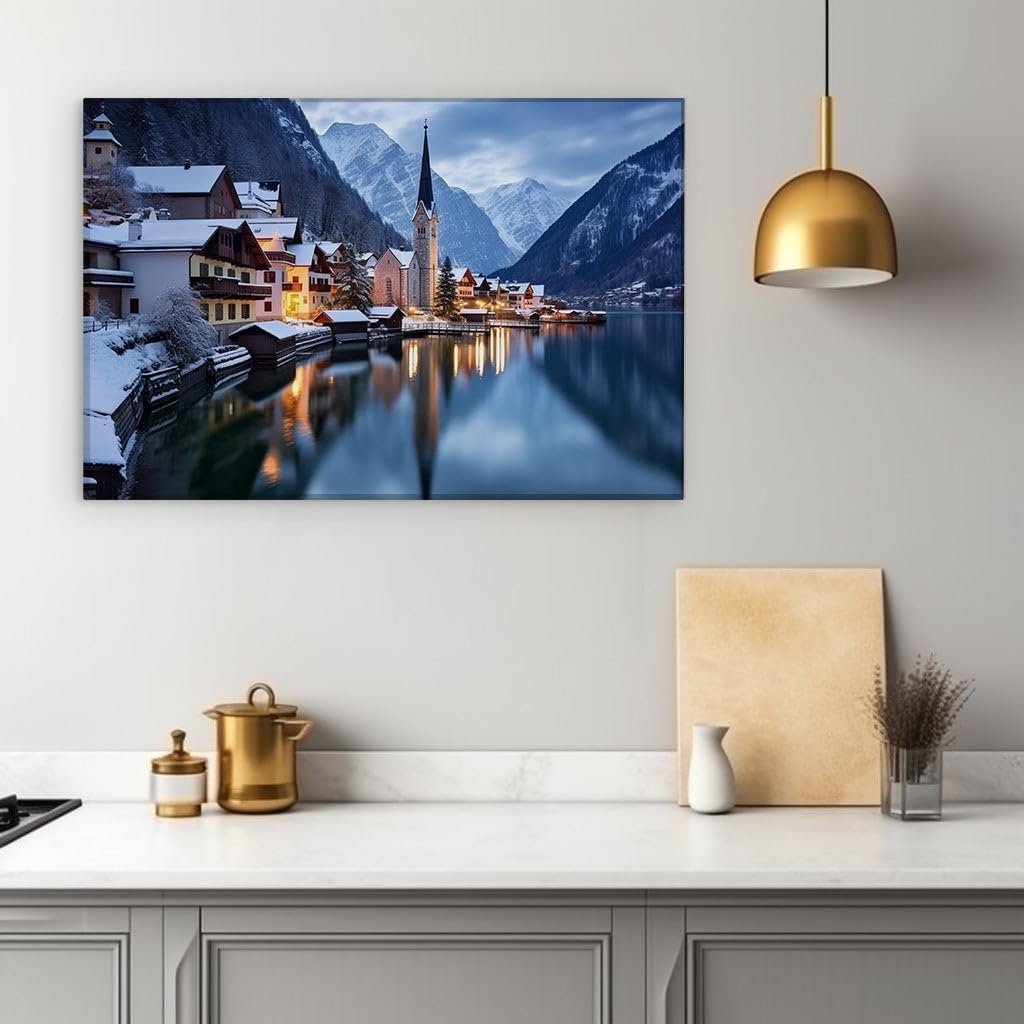 Canvas for Living room. Winter Serenity in a Snow-Kissed European Village by the Lake, 27 x 18 inch Canvas Wall Art - Contemporary Masterpieces - Modern Home Decor
