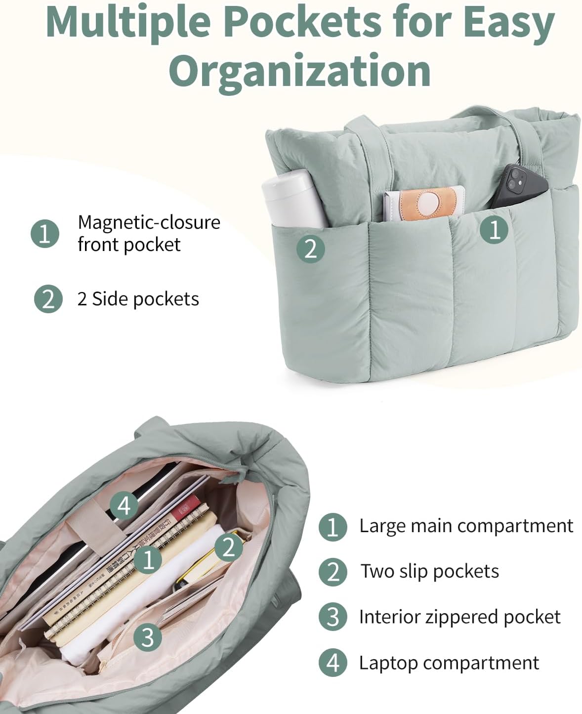 Narwey Puffer Tote Bag for Women Work with Laptop Compartment, Puffy Quilted Work Tote Bags for Travel Carry on Teacher Nurse - Image 4