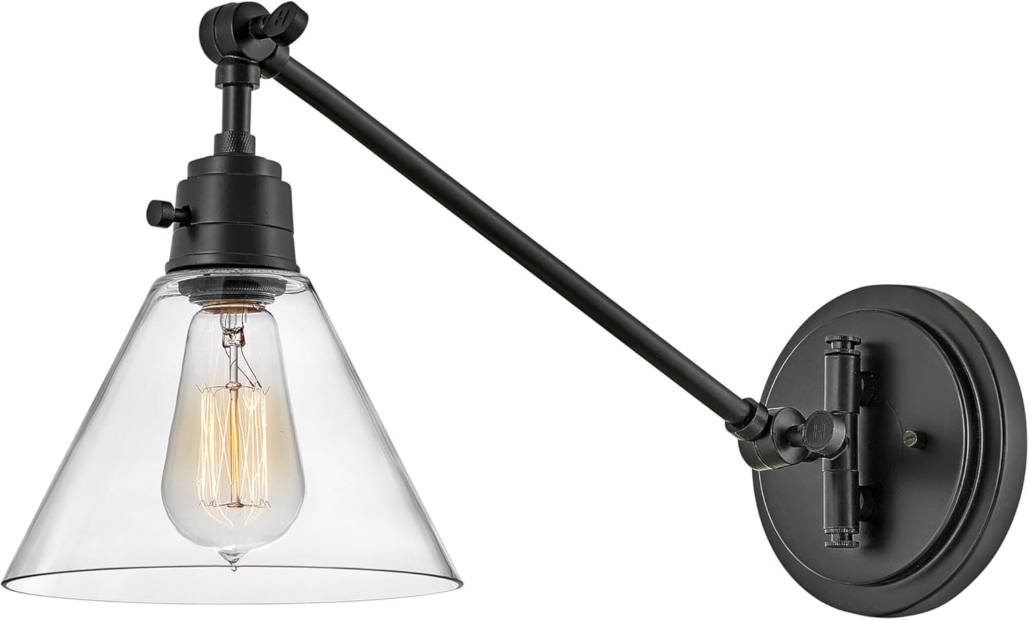 Hinkley Arti Single Light Swing Arm Wall Sconce, Adjustable, On/Off Switch, Plug-in Cord, Two Pivot Points, Modern Industrial, Black with Clear Glass Shade