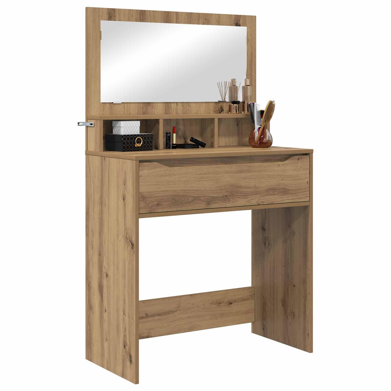 Tavolo da trucco in legno ingegnerizzato rovere artigianale con specchio piano e cassetto silenzioso, mobiletto consolle per camera da letto, postazione make up salvaspazio funzionale