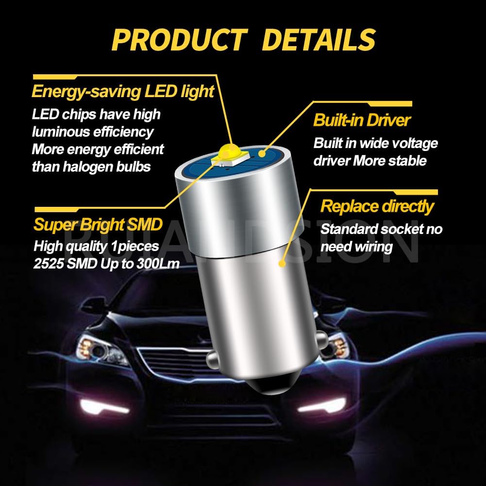 Ruiandsion BA9S LED Bulb BA9 53 57 1895 64111 6-30V 6V 12V 24V Super Bright 2525 1SMD Chipset LED Bulb for Car Interior Side Door Courtesy Lights Map Lights,6000K White,Non-Polarity (Pack of 10)
