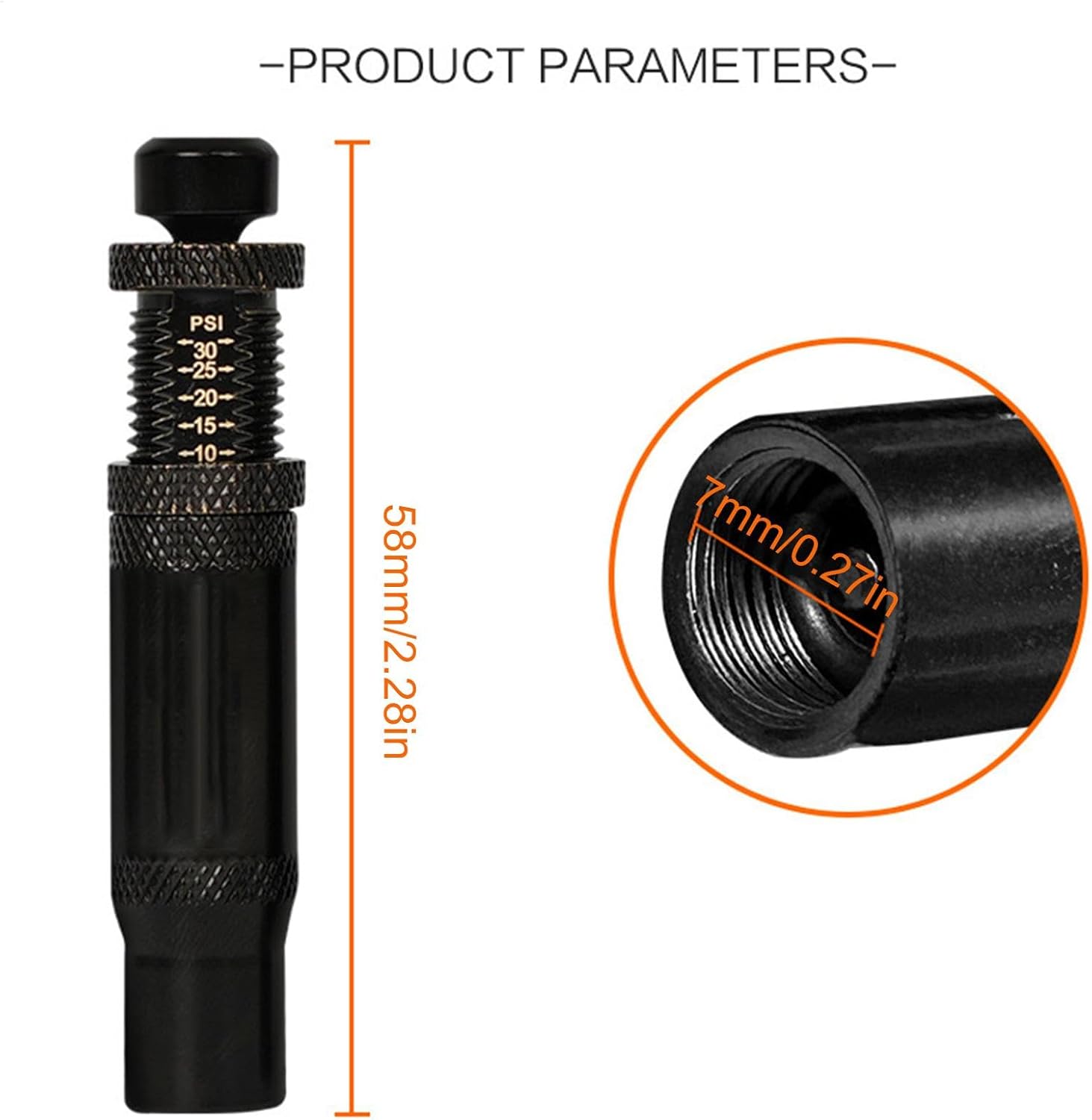 Product dimensions of the tire deflator, showing height and valve stem opening.