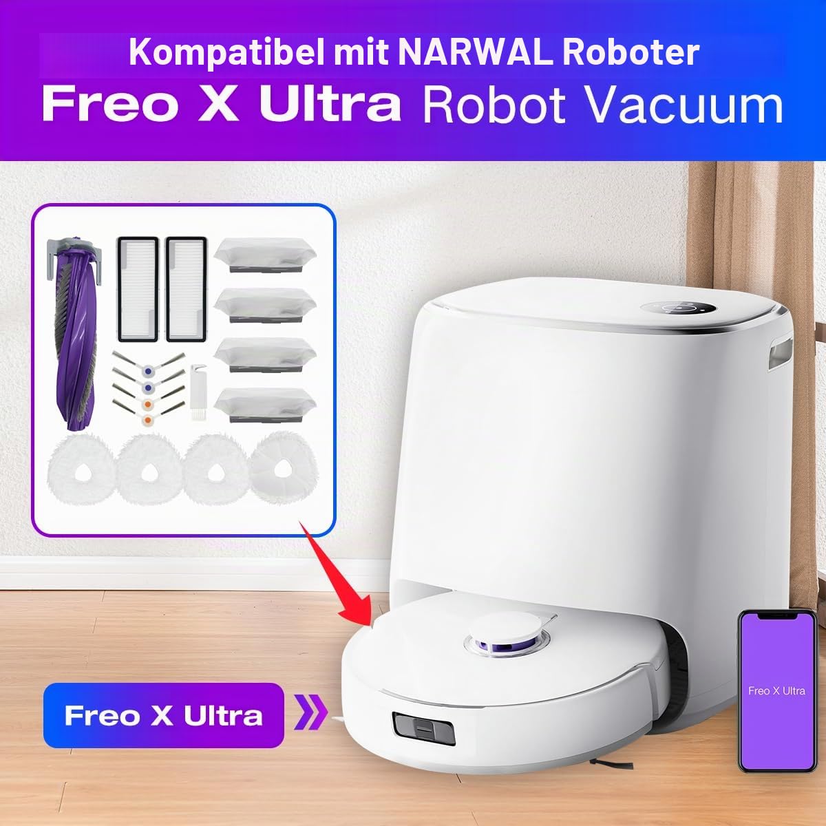 HomeTimes Ersatzteile für Narwal Freo X Ultra Saugroboter Zubehör mit 1 Gummibürsten 2 HEPA-Filter 4 Mop-Pads 4 Seitenbürsten 4 Staubbeutel