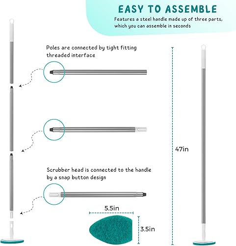 Miniatura 7 de Limpiador de ducha con mango largo, cepillo de limpieza de bañera de 47 pulgadas, herramienta de limpieza de azulejos y bañera con 6 almohadillas de