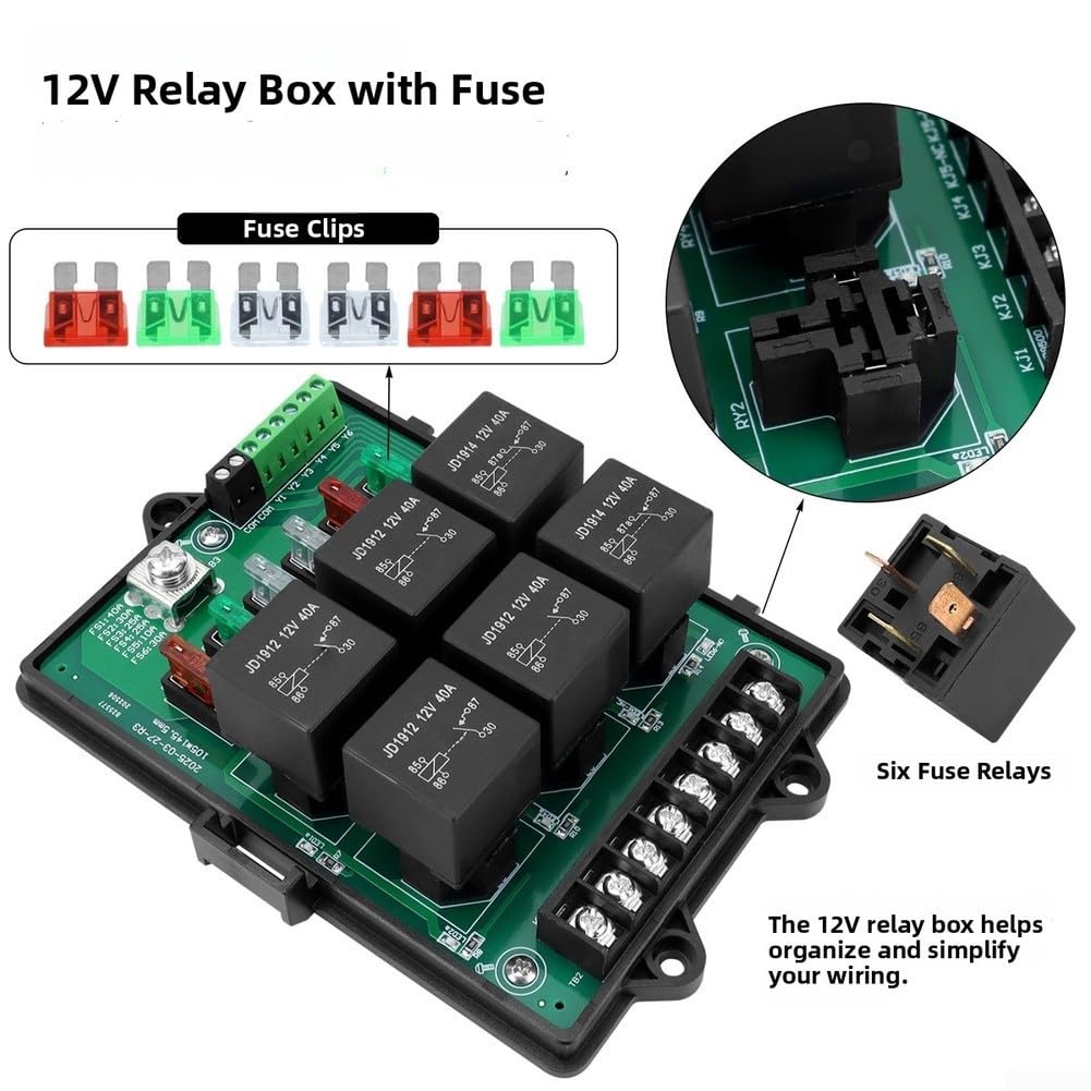 Zoegneer Caja de relé de fusibles automotrices de 6 vías de 12 V con 14 eslabones de fusibles medianos, luces indicadoras LED, carcasa de nailon resistente al fuego, terminales de cobre, diseño