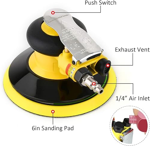 Miniatura 3 de Lijadora de palma orbital aleatoria neumática profesional, lijadora neumática de doble acción, baja vibración, de servicio pesado
