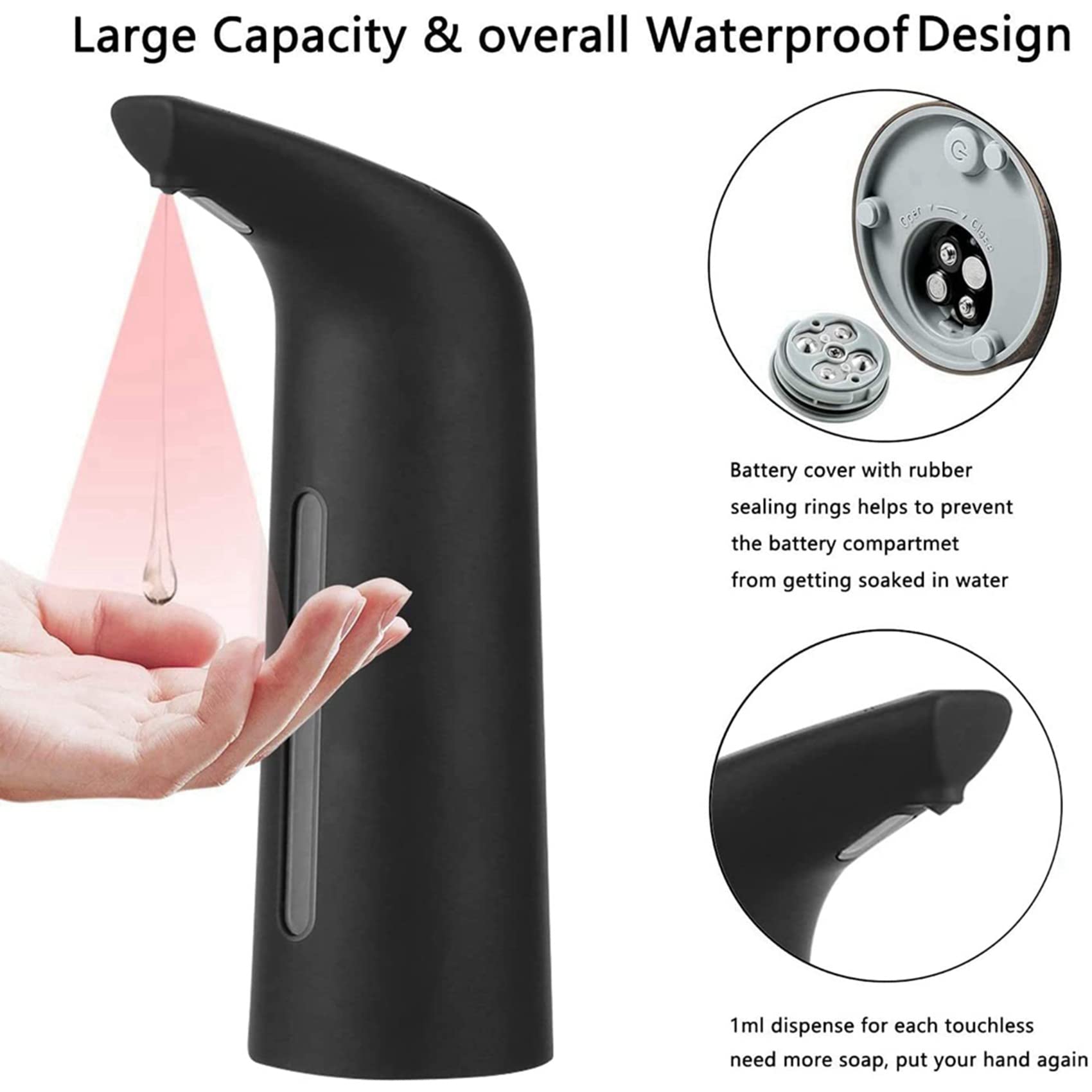 Dispenser automatico di sapone liquido touchless, 3 pezzi, nero, per cucina e bagno, 400 ml