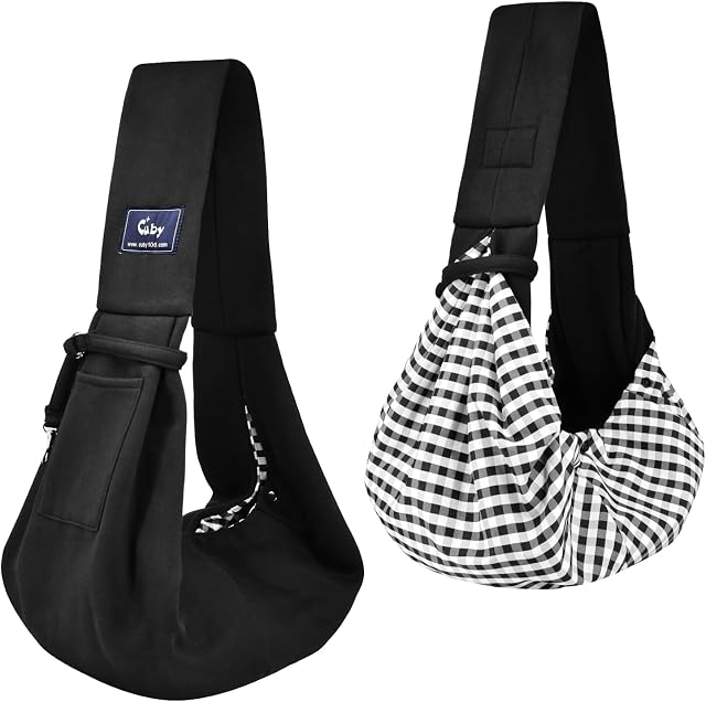 Cuby Dog Cat Sling Carrier Hands Free Reversible Pet Papoose Bag Soft Pouch Tote Purse Carrier for Puppy, Small Dogs Cats Outdoor Travel (Black, Unadjustable Strap)