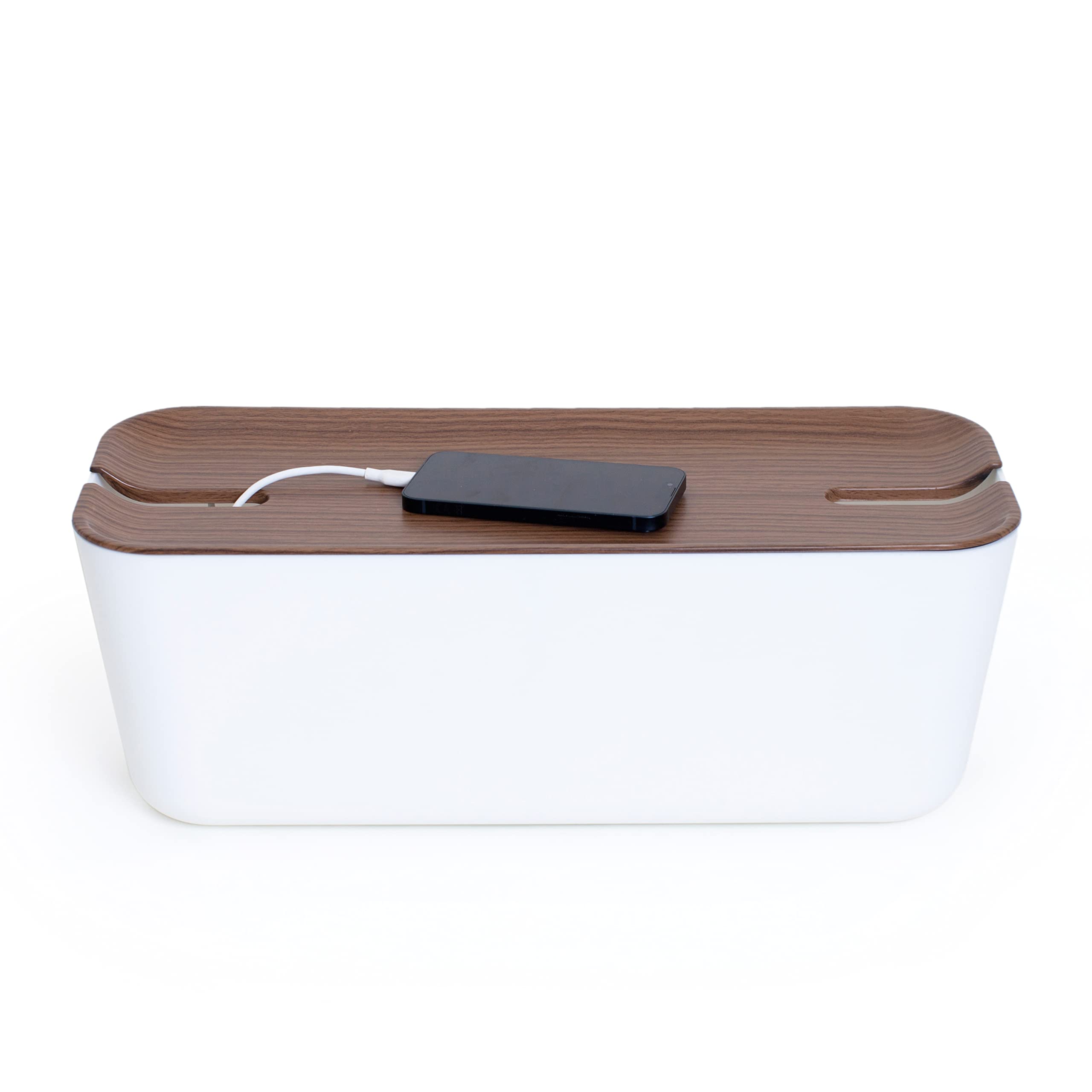 Kabelbox XL. Kabelmanagement und Ladestation. Box zum Kabel verstecken bei Kabelsalat. Flammhemmenden Kunststoff. Award-Winning Design. Weiß/Dunkelbraun Holzoptik. (45 x 18 x 17 cm)