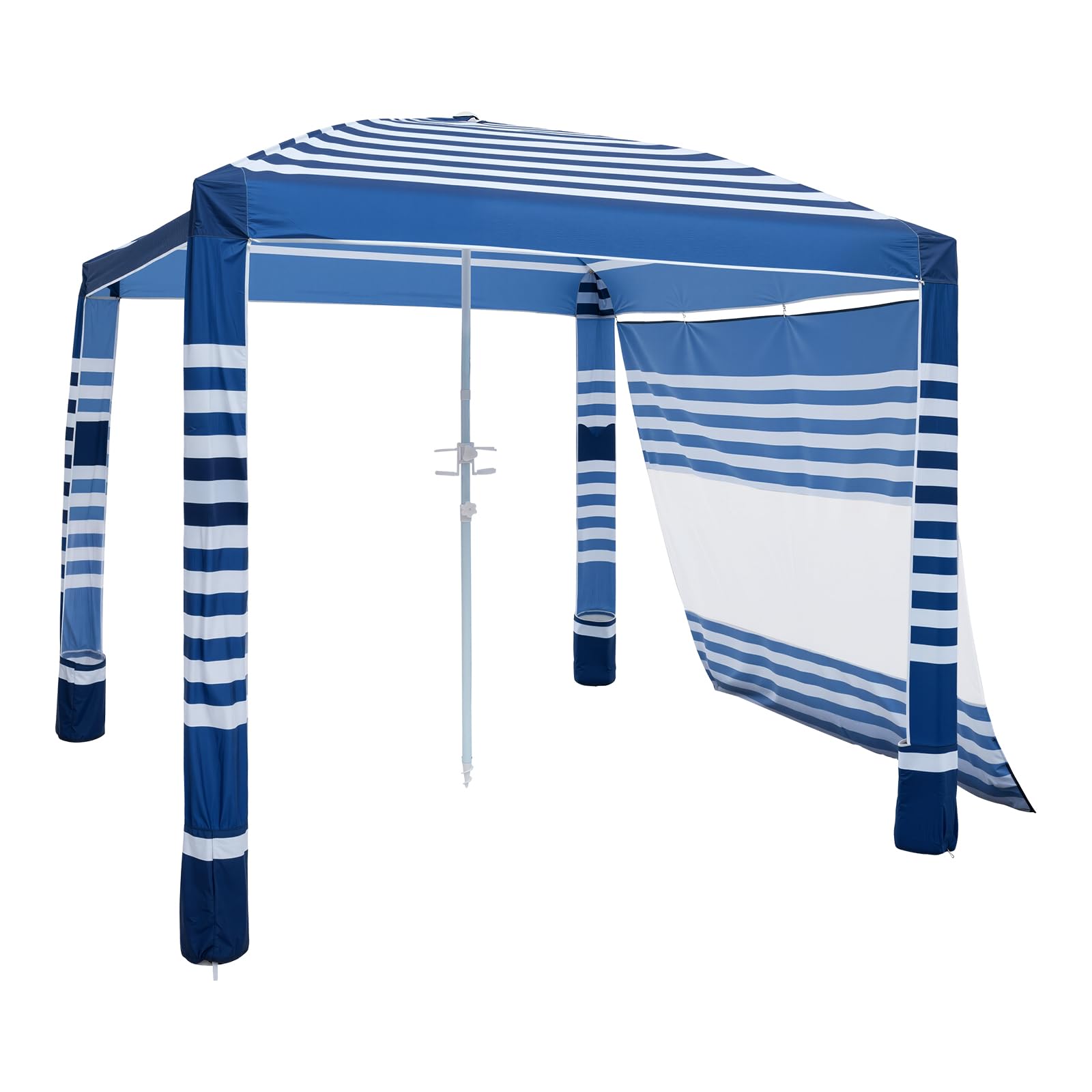 VEVOR Tenda da Spiaggia per Esterno 2438 x 2438 mm con Parete Laterale, Facile da Montare con Tasche per la Sabbia, Ombrellone Parasole Portatile Regolabile in Altezza, Striato Blu Scuro e Bianco
