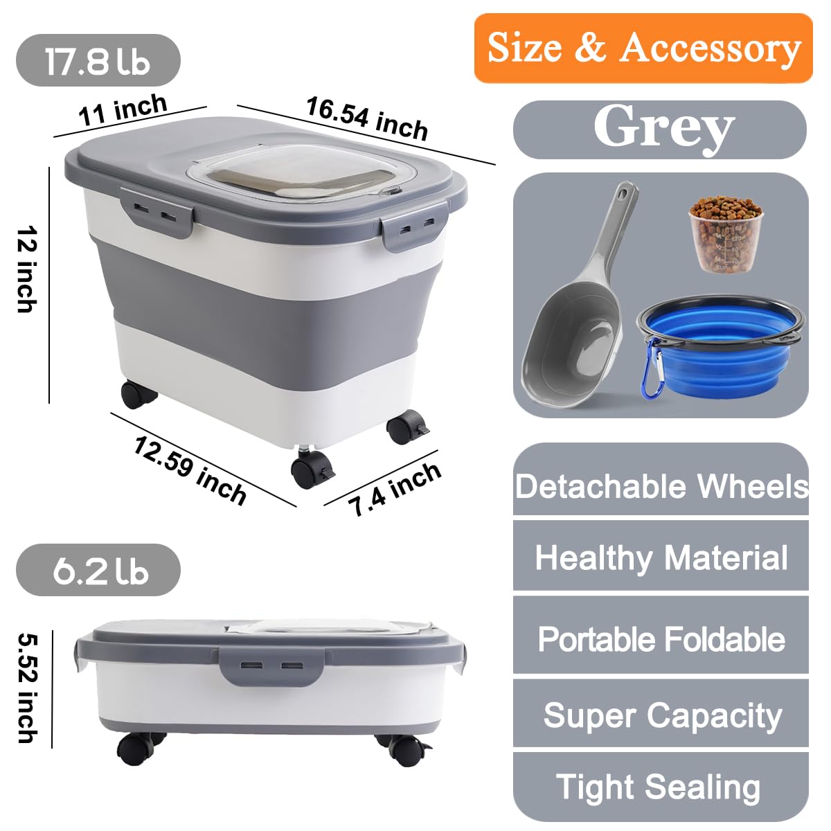 LKSTK 18 LB Grey Dog Food Storage Container with Rolling Wheel, Collapsible Dog Food Container with Travel Silicone Bowl and Scoop, Folding Cat Food Container Kitchen Rice Storage