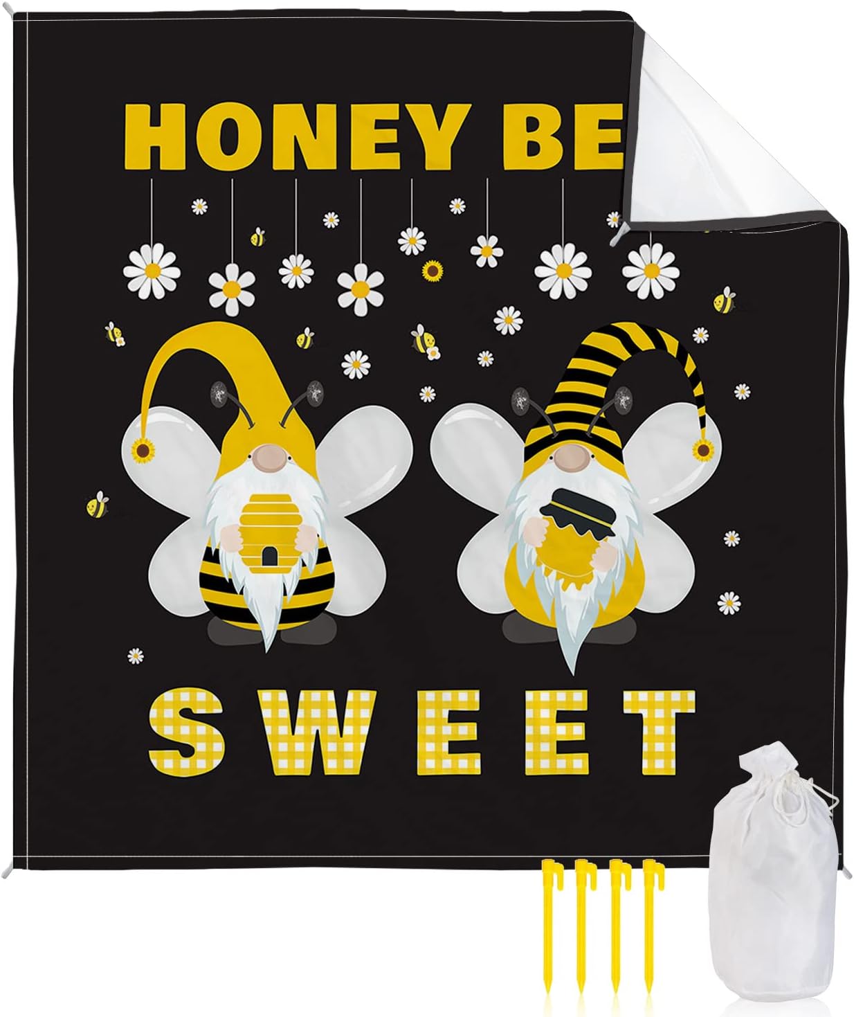 Cute Dwarfs with Honey Bees and Daisy Beach Blanket Waterproof Sandproof Outdoor Picnic Mat 108"x84" Yellow and Black Lightweight Large Beaach Blankets with 4 Stake & 4 Corner Pockets