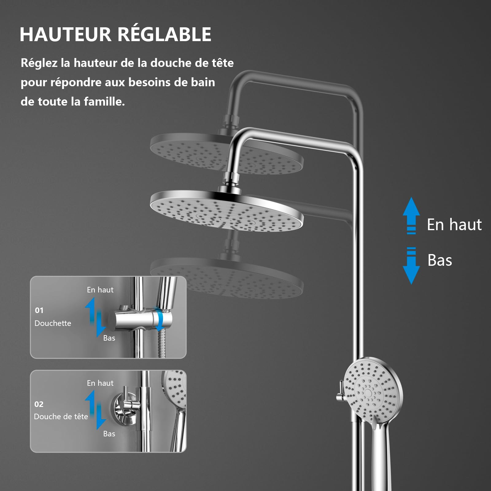 KOMIRO Duschsystem mit Thermostat, 23 x 23 cm Regendusche, Duscharmatur mit Thermostat, 5 Strahlarten Handbrause, Duschstange Edelstahl Regenwalddusche Komplett für Duscheset, Chrom
