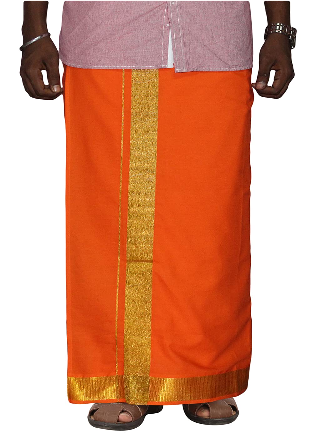Prakasam Cotton Men's Orange Colour 2 Inch Gold Jari Border Welcro Pocket Dhoti/Size Hip -34 Inches- Length- 42 Inches