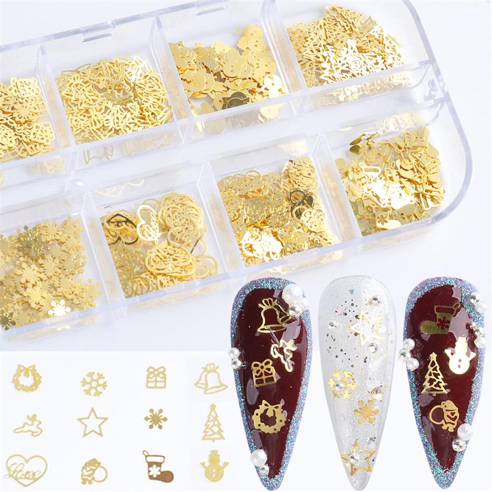12 Grids Christmas Nail Charms Gold Metal Nail Studs Nail Decoration Kit for Women Nail Decoration DIY Nail Art Crafts with 1 Tweezer