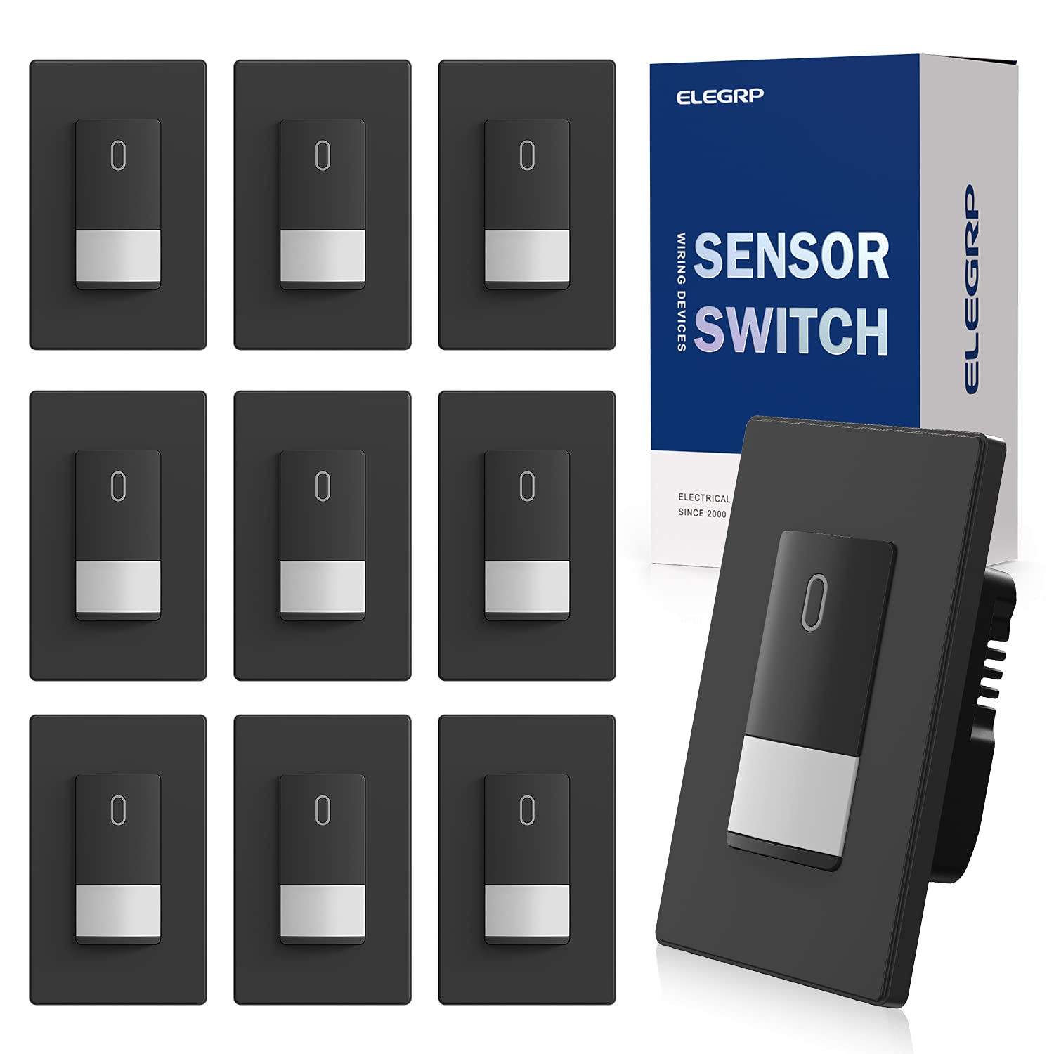 ELEGRP Occupancy Motion Sensor Light Switch, PIR Infrared Motion Activated Wall Switch, No Neutral Wire, Single Pole for CFL/LED/Incandescent Bulb, with Wall Plate, UL Listed (10 Pack, Matte Black)