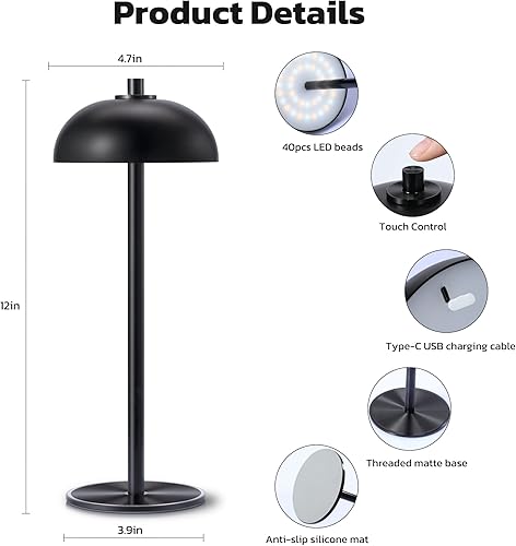 Miniatura 6 de JONEMO Paquete de 2 lámparas de mesa inalámbricas recargables  Lámpara de mesa con batería de 5000 mAh, luz de mesa LED de atenuación continua de 3