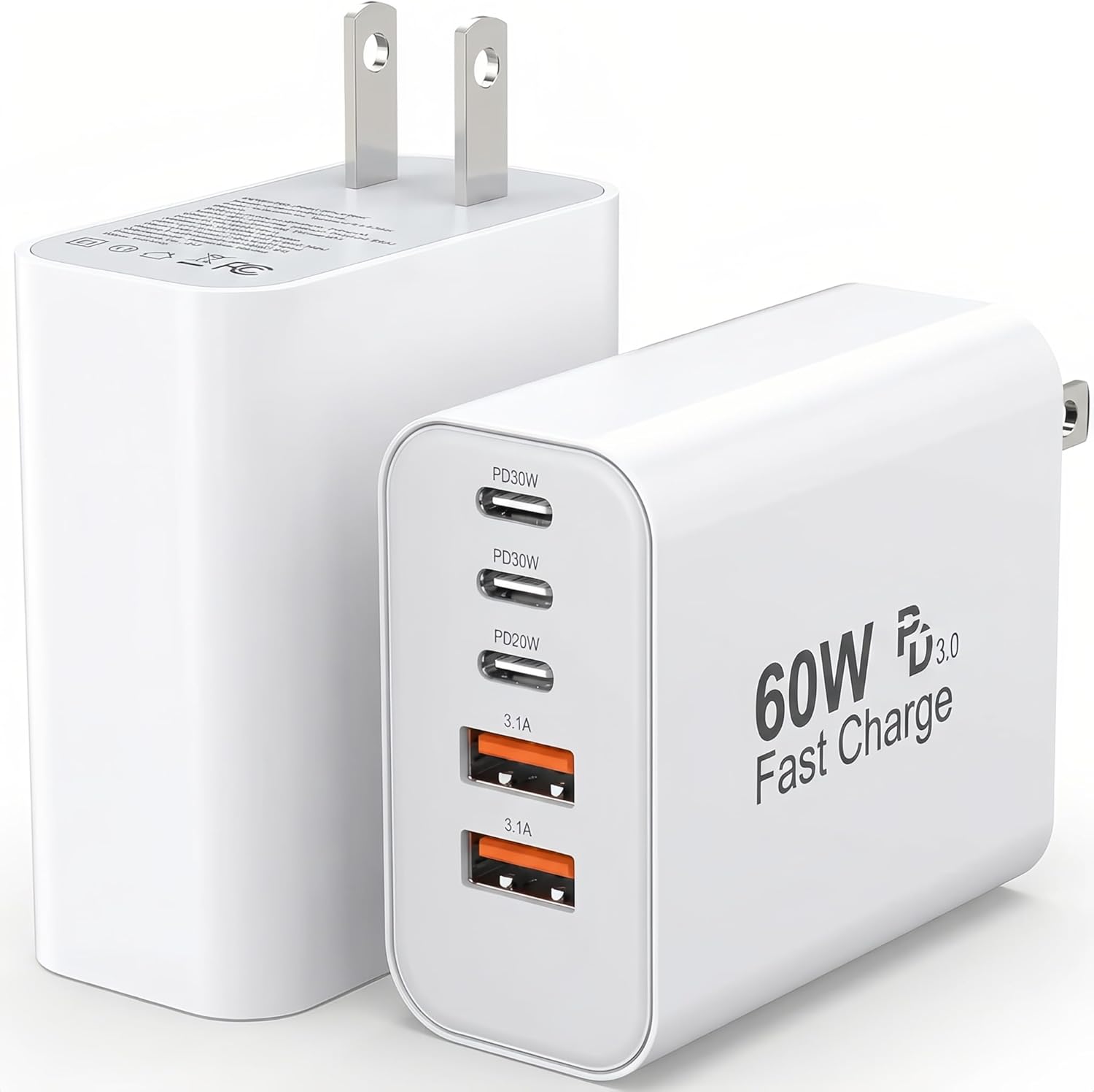 USB C Charger Block, 2-Pack 60W 5 Ports USB C Wall Charger Plug Fast Charging, QC Multiport PD Adapter Chargers, Type C Box Brick Cube Compatible with iPhone 17 16 15 14 13 12 Pro Max, Samsung