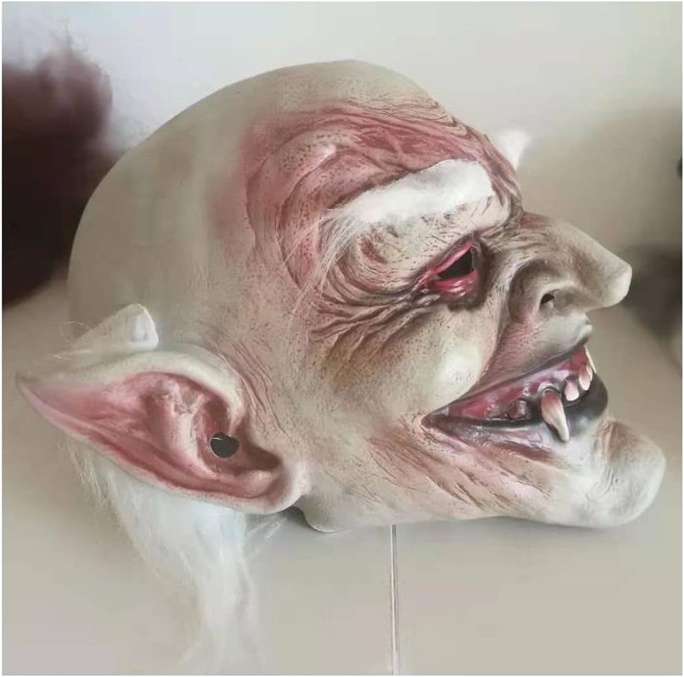 BELIEVE-IN Halloween White Hair Latex Mask, Evil Elf Ear Latex Mask, Scary Fangs Teeth Old Man Demons Masks, Horror Full Face Kids Cosplay Mask,Costume Party Props Masquerade Partys