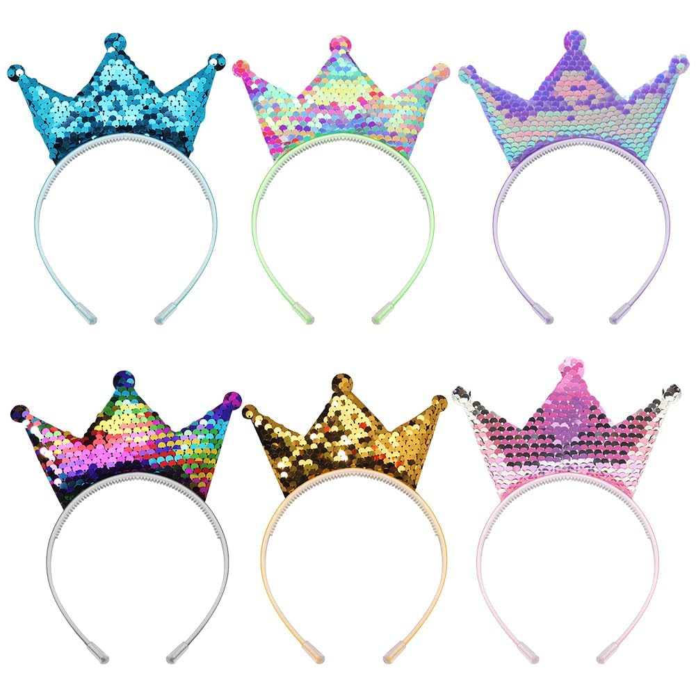 HATFRYF Sequin Crown Headband, 6PCS Glitter Crowns Headbands for Girls, Double Sided Shiny Crown Elastic Tiara, Headwear Accessory for Girls Women Christmas Birthday Masquerade Performance