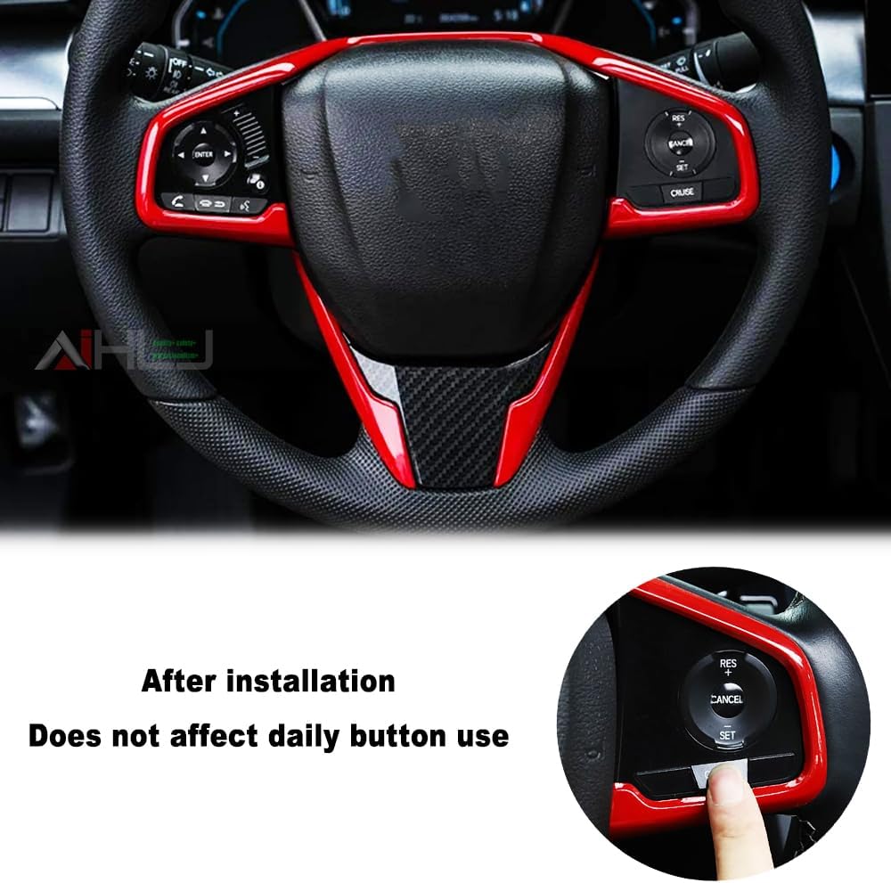 AJHLJ® 4Pcs Installed in the 10th generation Civic 2021 2020 2019 2018 2017 2016 steering wheel decorative frame interior stickers carbon fiber interior parts red interior parts (Red)