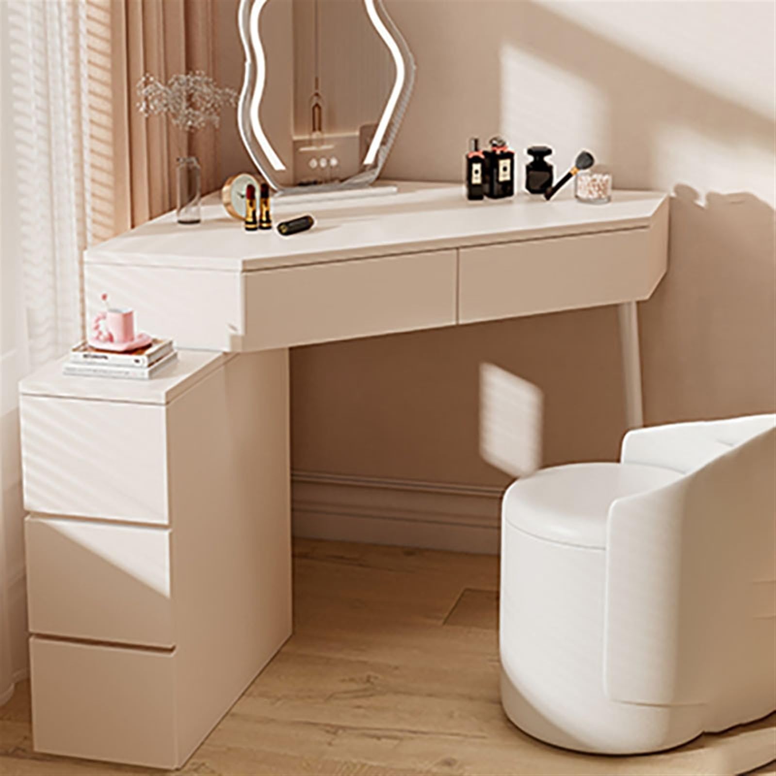 scrivania Vanity Desk moderno, tavolo da toilette ad angolo bianco, scrivania for trucco for piccoli spazi con specchio e 5 cassetti Gabinetto degli organizzatori(Piccolo)