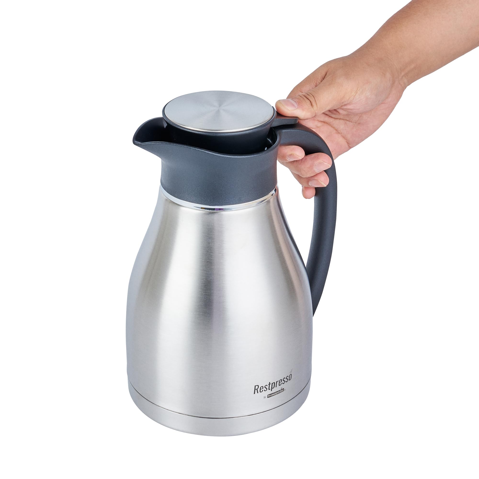 Restaurantware Restpresso - Jarra/servidor de café aislado al vacío de 67 onzas, 1 decantador de café de doble pared, botón, a prueba de fugas, dispensador de bebidas calientes de acero inoxidable