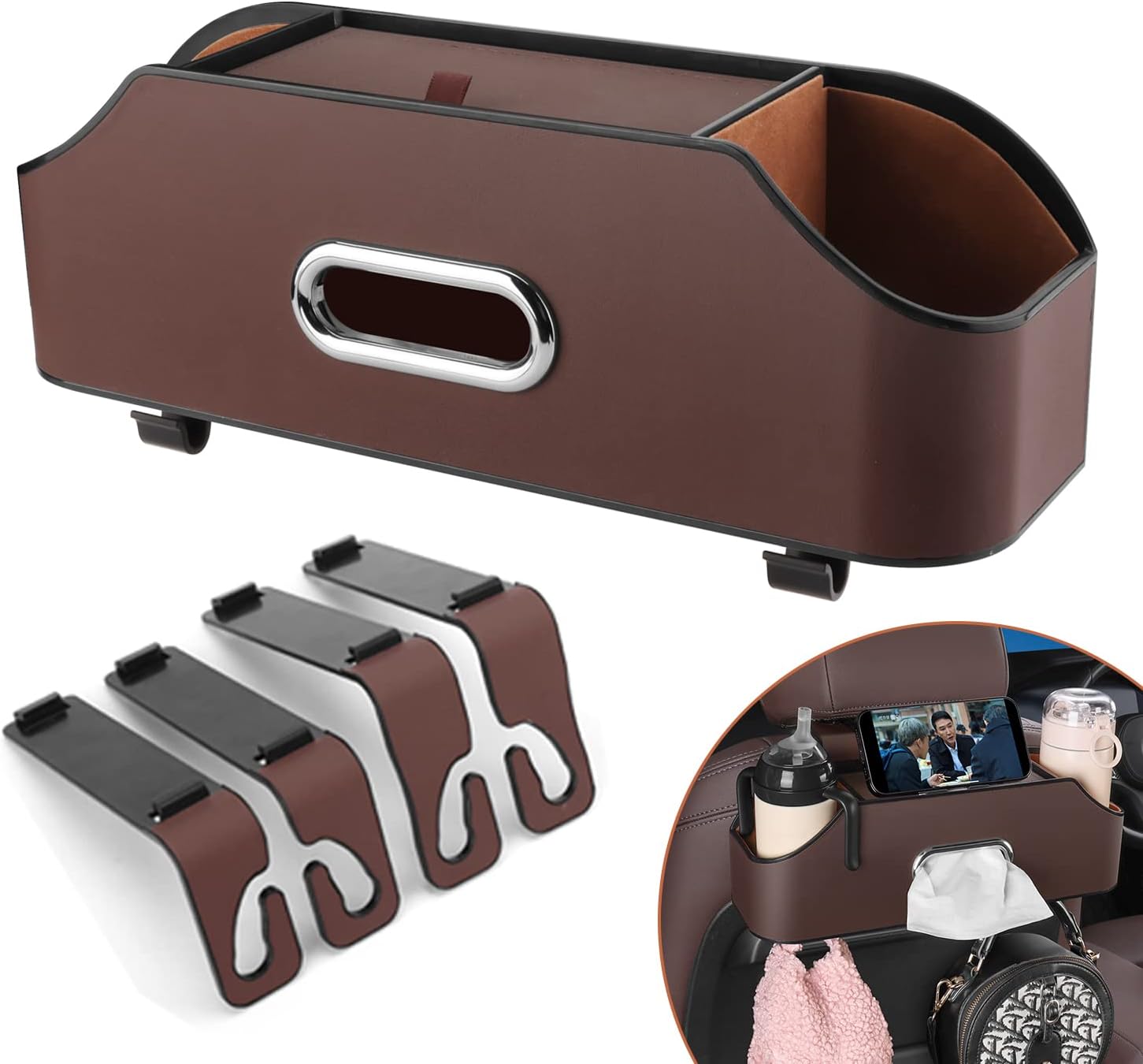 HALOYIVGO Car Seat Back Organizer - Stylish & Functional Storage for Family Adventures - Cup Holders, Tissue Box & Hooks - Perfect for Kids, Road Trips & Travel (Brown)