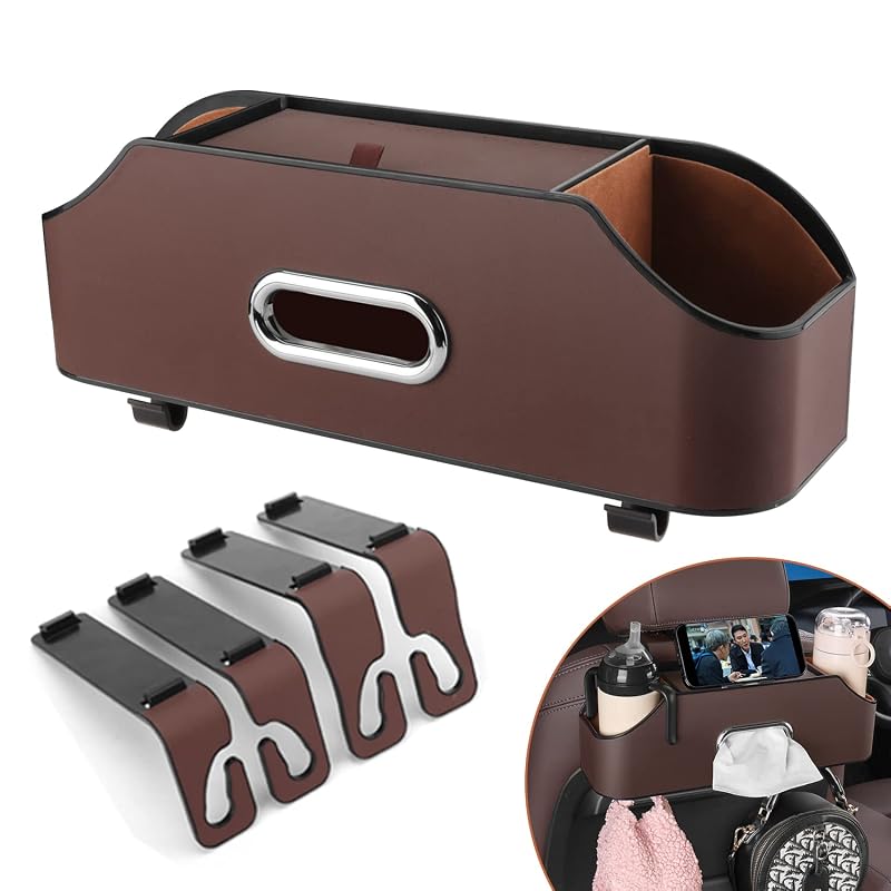 Organizador para Encosto de Banco Automotivo HALOYIVGO com Porta-Copos, Porta-T lenços e Ganchos Marrom